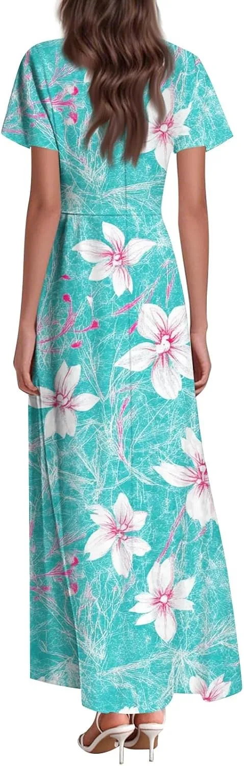 ZEFOTIM Long Dresses for Women 2025 Curvy Floral Dress Short Sleeve V Neck Dresses