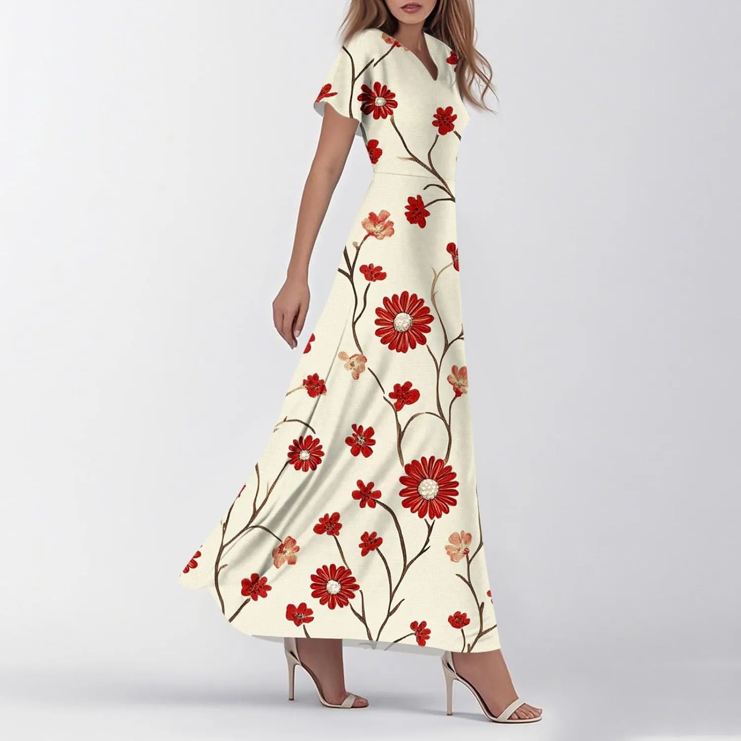 ZEFOTIM Long Dresses for Women 2025 Curvy Floral Dress Short Sleeve V Neck Dresses