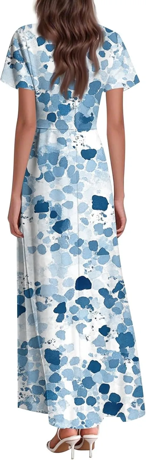 ZEFOTIM Long Dresses for Women 2025 Curvy Floral Dress Short Sleeve V Neck Dresses