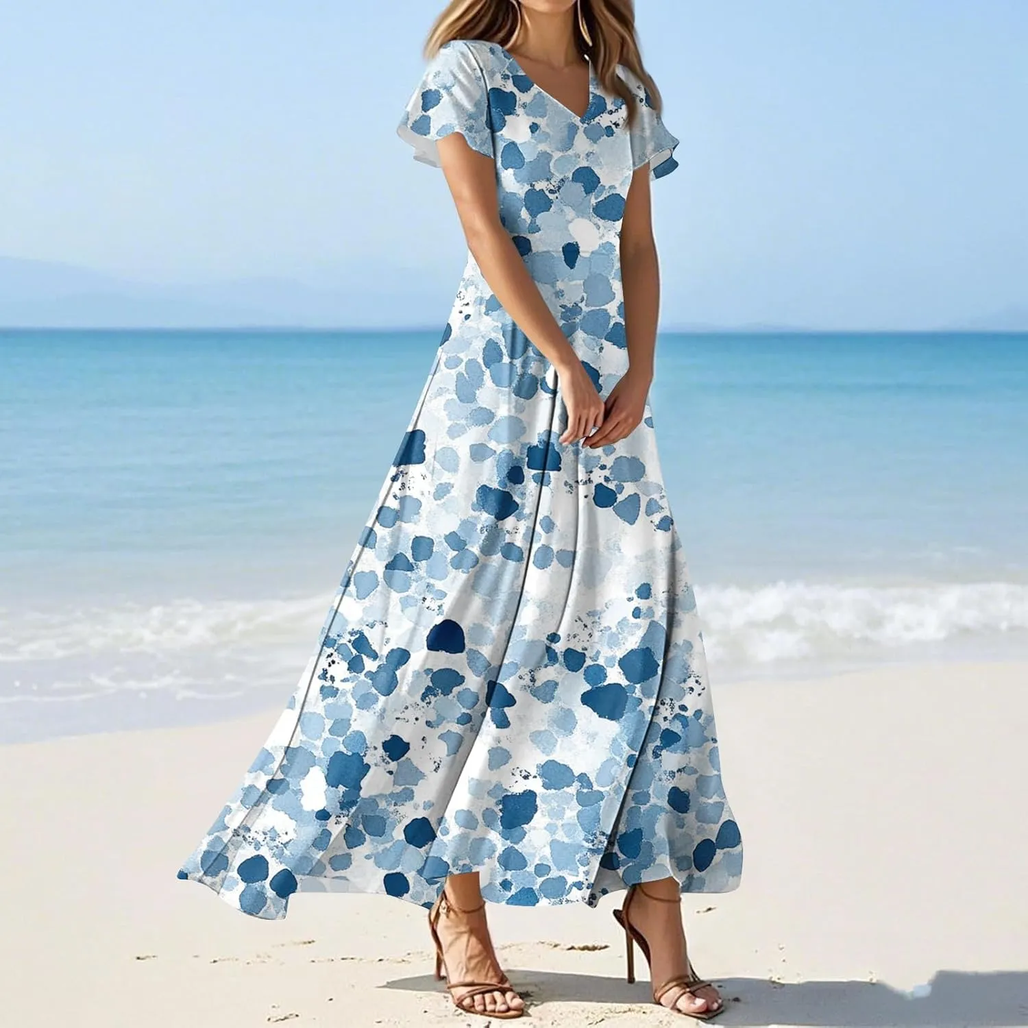ZEFOTIM Long Dresses for Women 2025 Curvy Floral Dress Short Sleeve V Neck Dresses