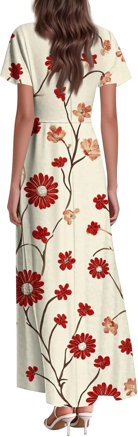 ZEFOTIM Long Dresses for Women 2025 Curvy Floral Dress Short Sleeve V Neck Dresses