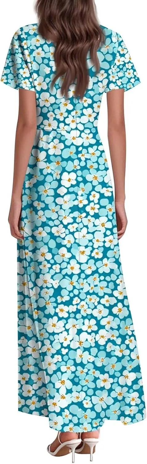 ZEFOTIM Long Dresses for Women 2025 Holiday Floral Dress Short Sleeve V Neck Dresses