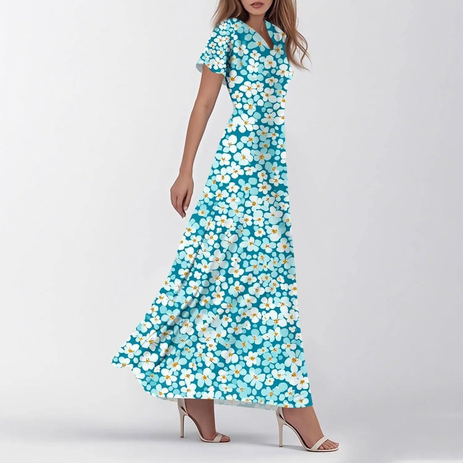 ZEFOTIM Long Dresses for Women 2025 Holiday Floral Dress Short Sleeve V Neck Dresses