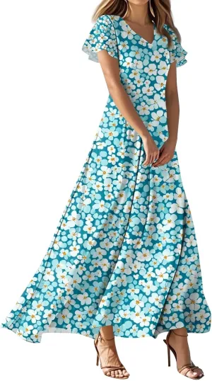 ZEFOTIM Long Dresses for Women 2025 Holiday Floral Dress Short Sleeve V Neck Dresses