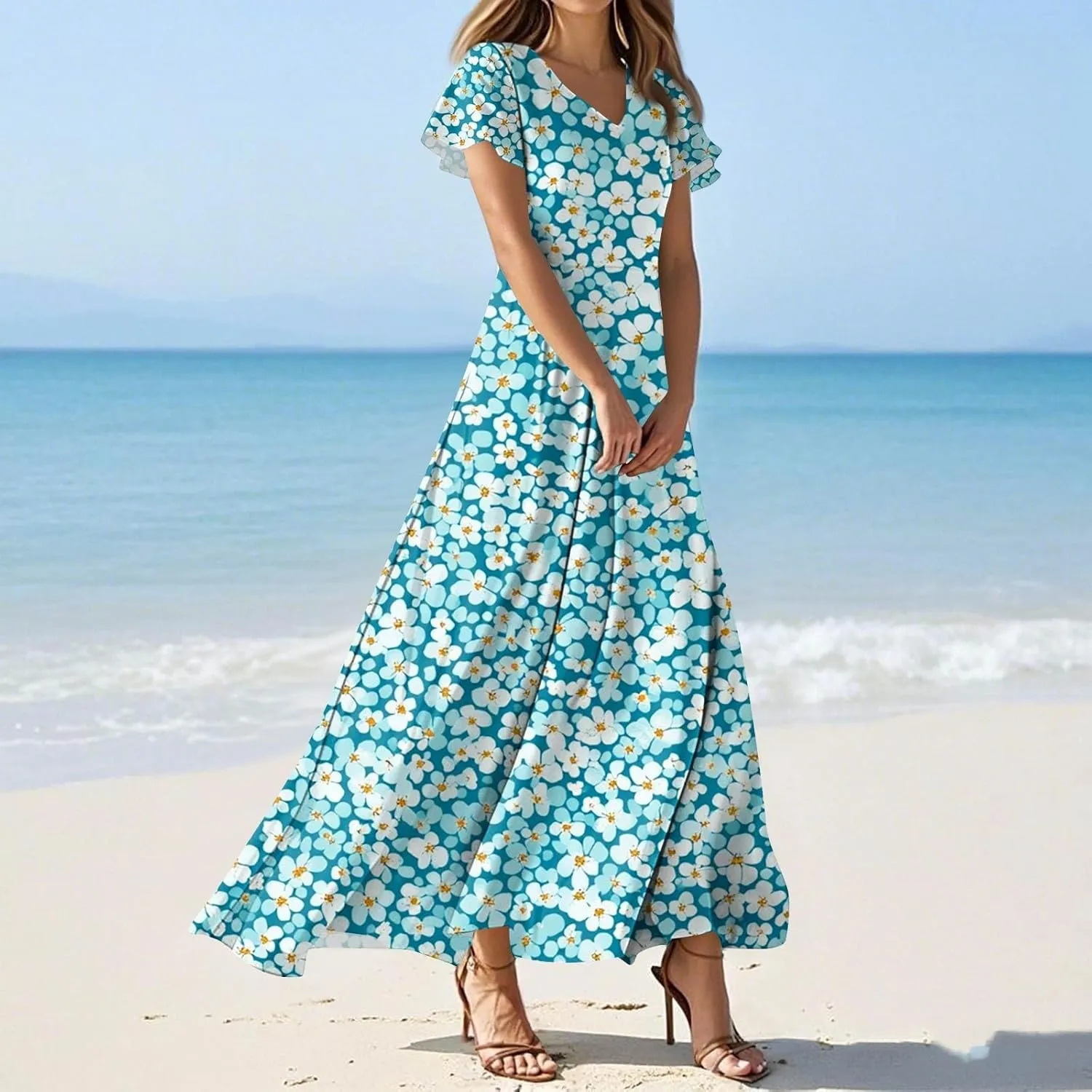 ZEFOTIM Long Dresses for Women 2025 Holiday Floral Dress Short Sleeve V Neck Dresses