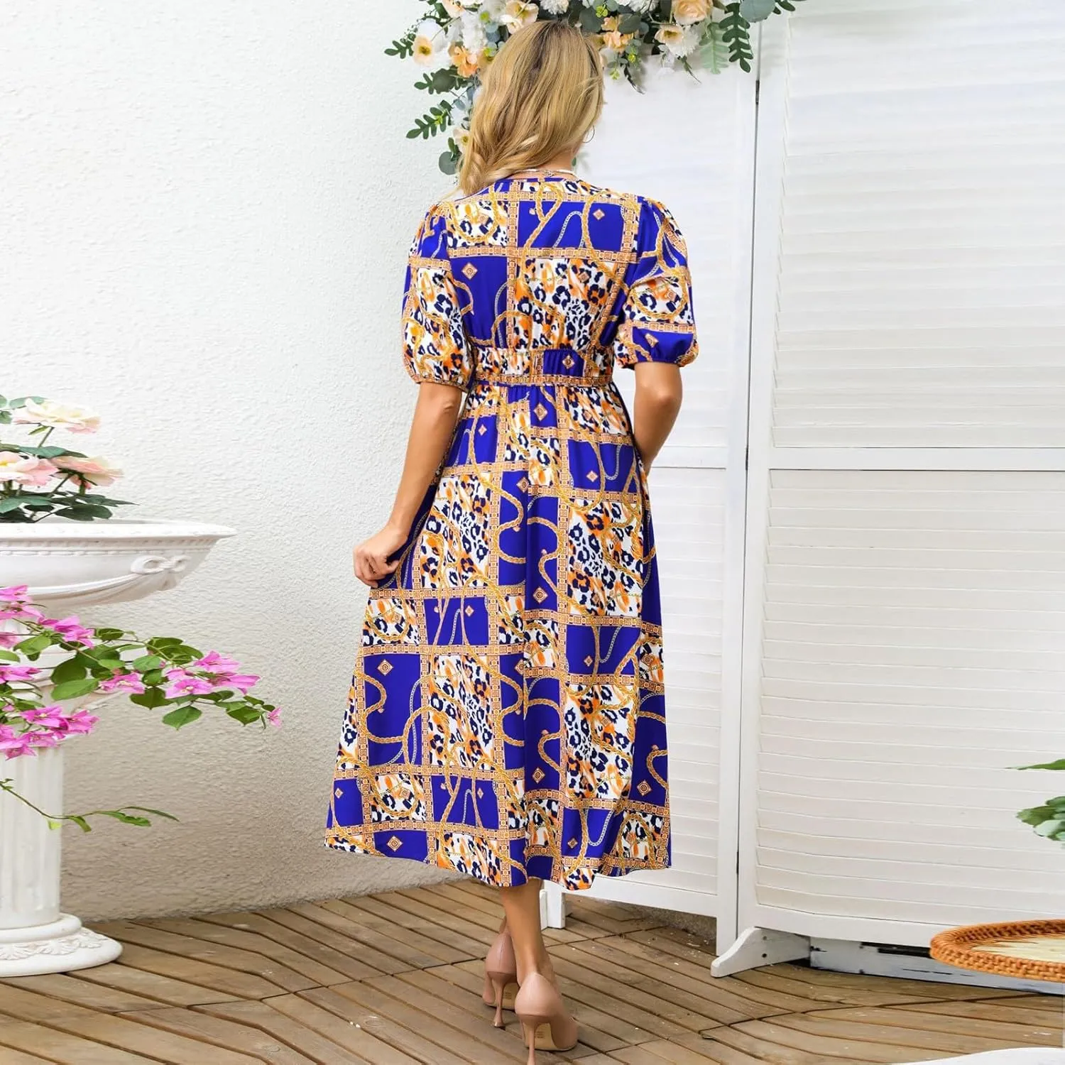 ZEFOTIM Long Dresses for Women 2025 Sexy Floral Dress Short Sleeve V Neck Dresses