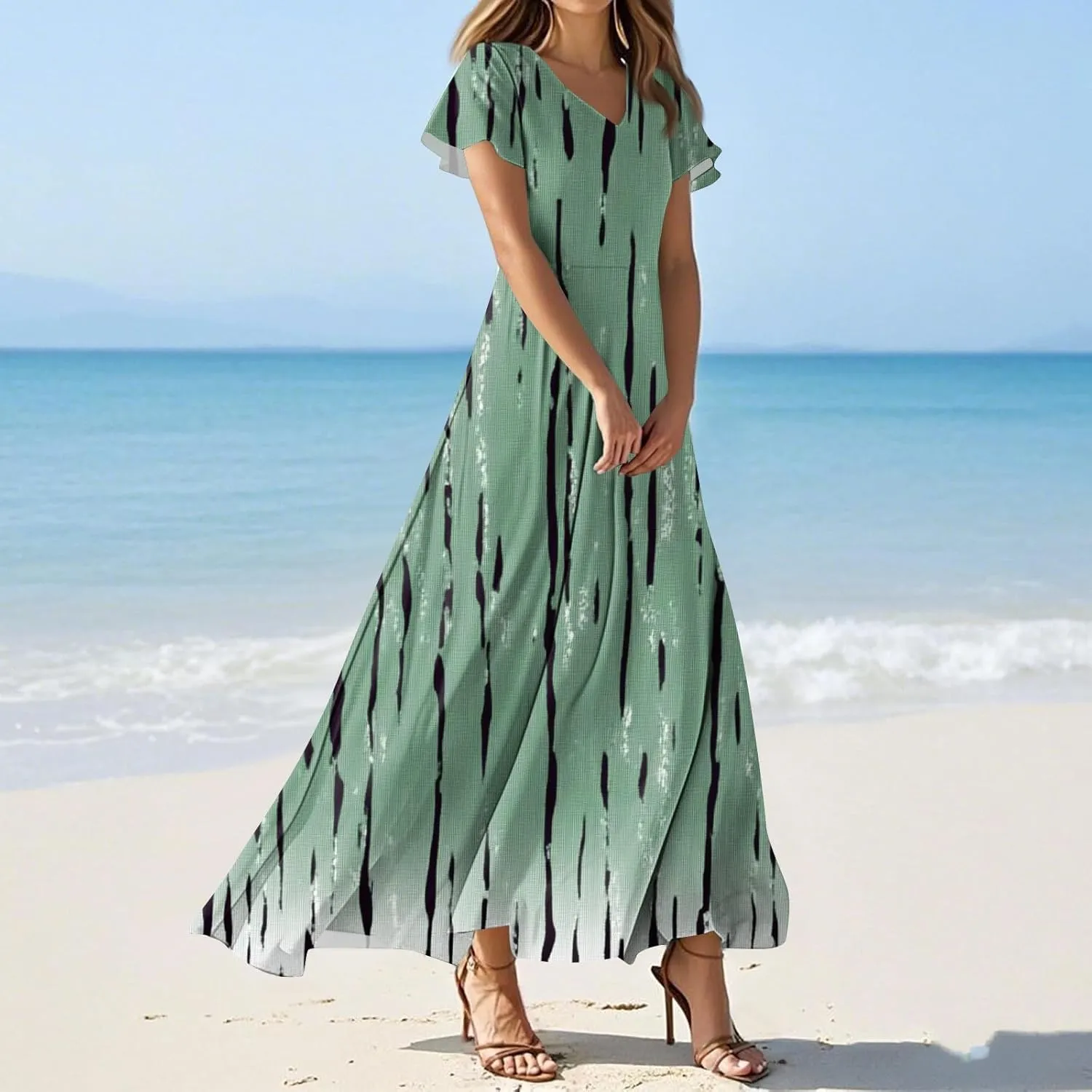 ZEFOTIM Long Dresses for Women 2025 Trendy Floral Dress Short Sleeve V Neck Dresses