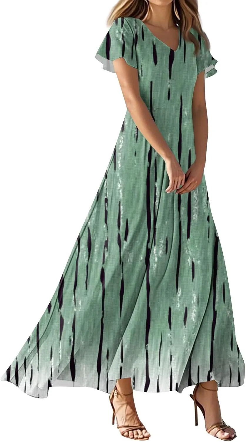 ZEFOTIM Long Dresses for Women 2025 Trendy Floral Dress Short Sleeve V Neck Dresses