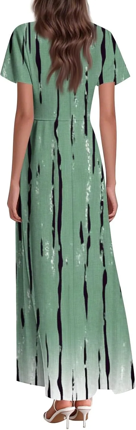 ZEFOTIM Long Dresses for Women 2025 Trendy Floral Dress Short Sleeve V Neck Dresses