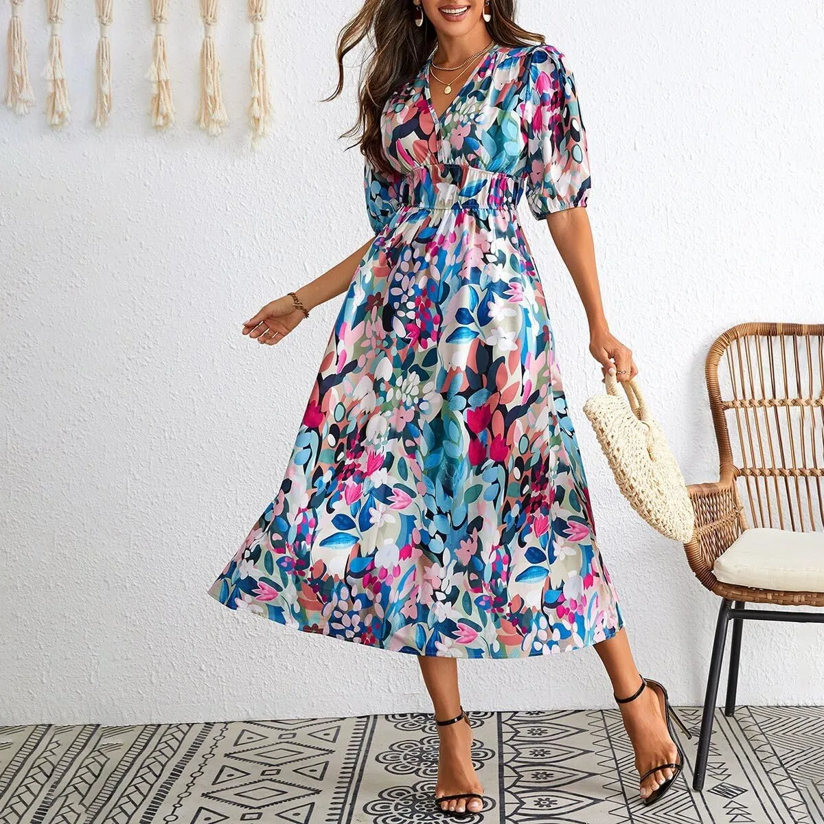 ZEFOTIM Long Dresses for Women 2025 Work Floral Dress Short Sleeve V Neck Dresses
