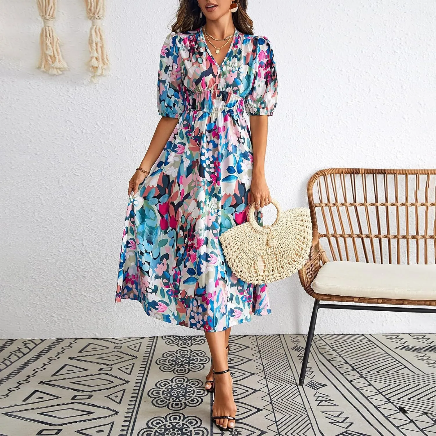 ZEFOTIM Long Dresses for Women 2025 Work Floral Dress Short Sleeve V Neck Dresses
