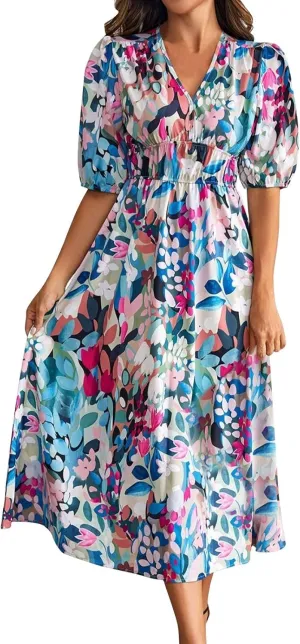 ZEFOTIM Long Dresses for Women 2025 Work Floral Dress Short Sleeve V Neck Dresses
