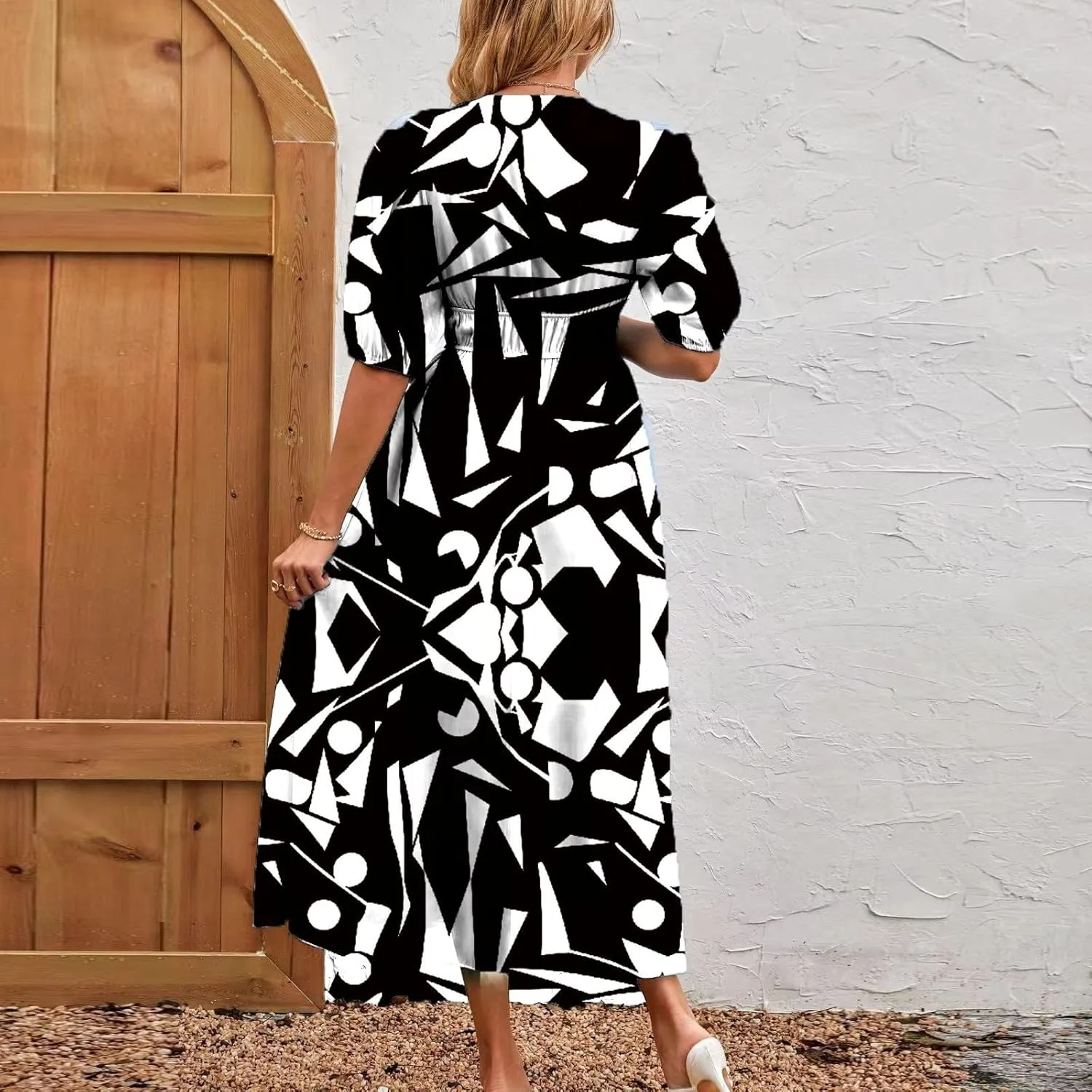 ZEFOTIM Long Dresses for Women 2025 Work Floral Dress Short Sleeve V Neck Dresses