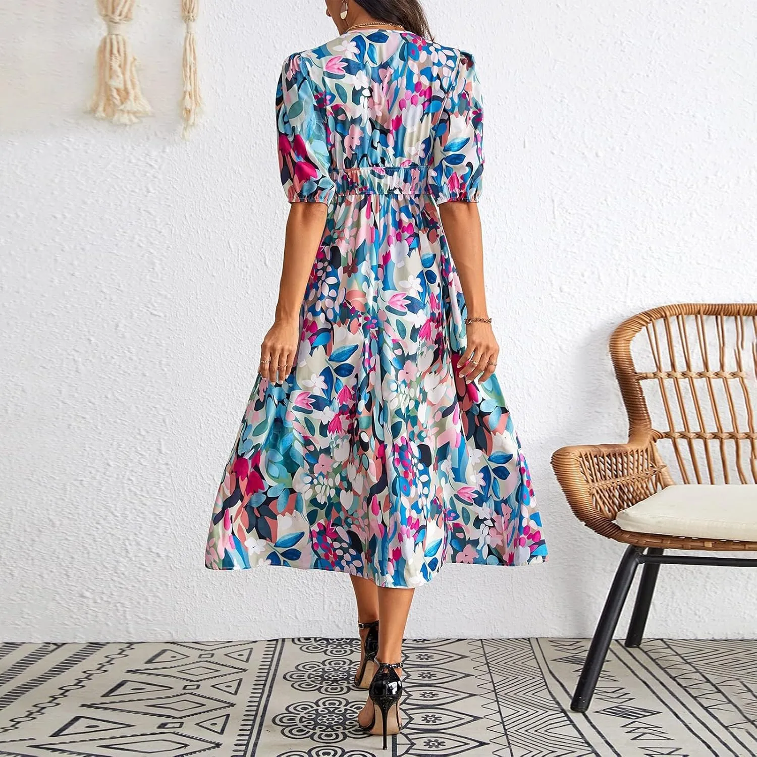 ZEFOTIM Long Dresses for Women 2025 Work Floral Dress Short Sleeve V Neck Dresses