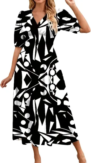 ZEFOTIM Long Dresses for Women 2025 Work Floral Dress Short Sleeve V Neck Dresses