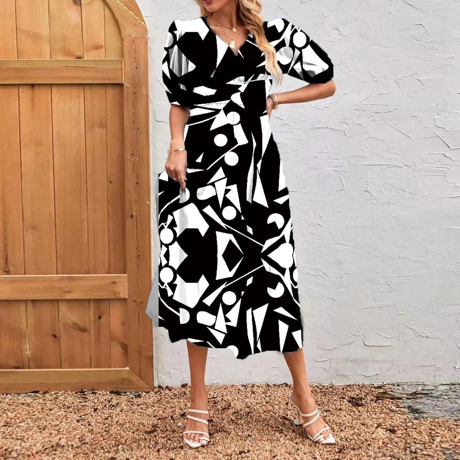 ZEFOTIM Long Dresses for Women 2025 Work Floral Dress Short Sleeve V Neck Dresses