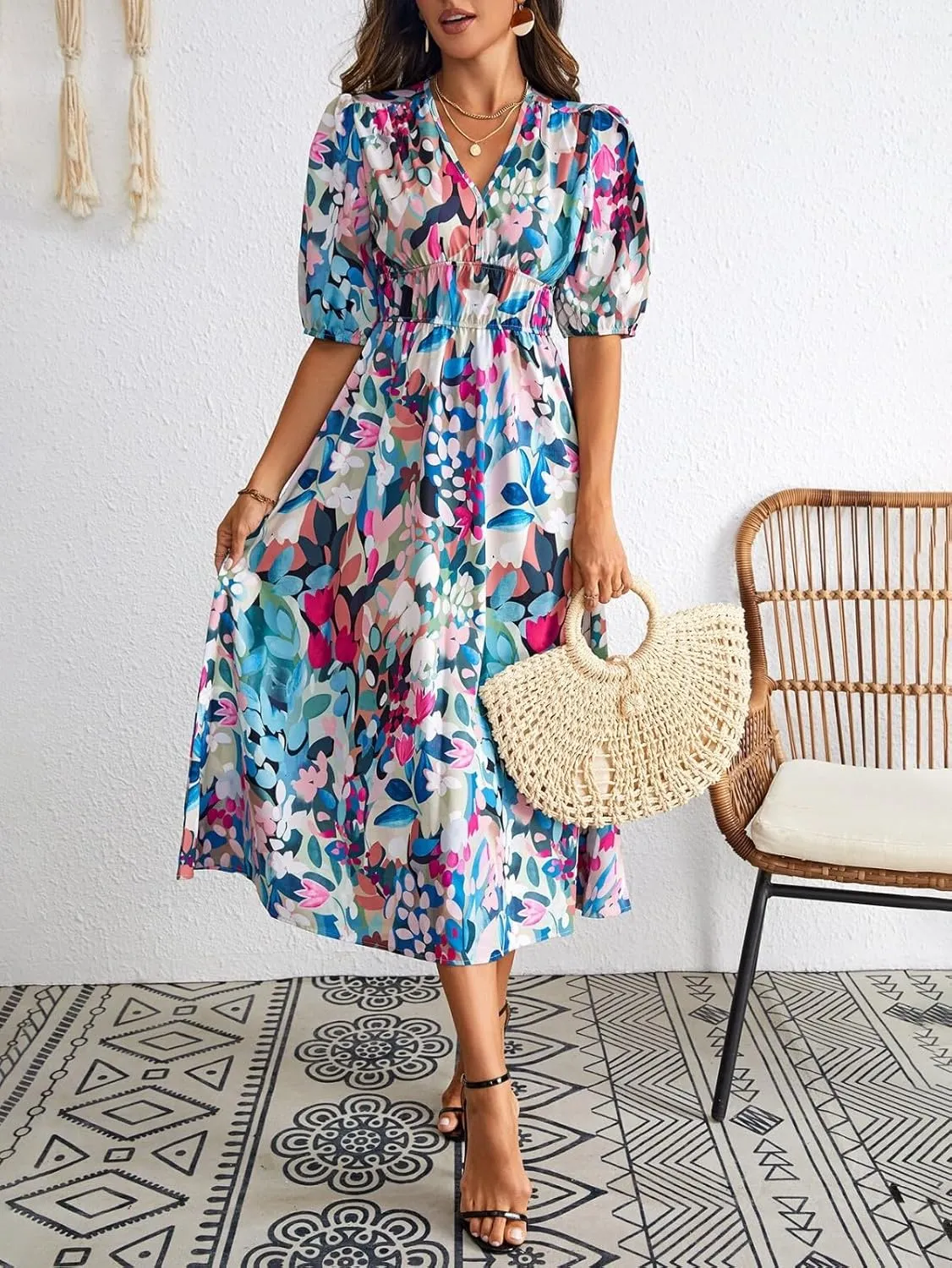 ZEFOTIM Long Dresses for Women 2025 Work Floral Dress Short Sleeve V Neck Dresses