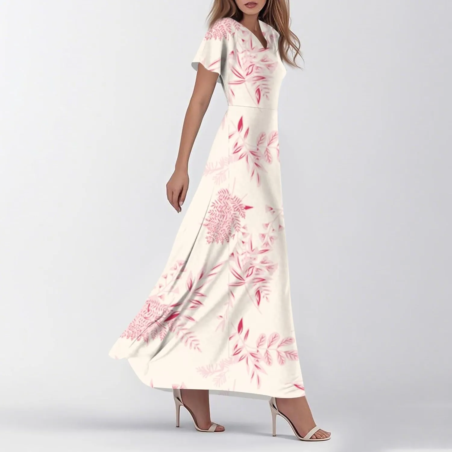 ZEFOTIM Long Dresses for Women Casual Elegant Floral Dress Short Sleeve V Neck Dresses