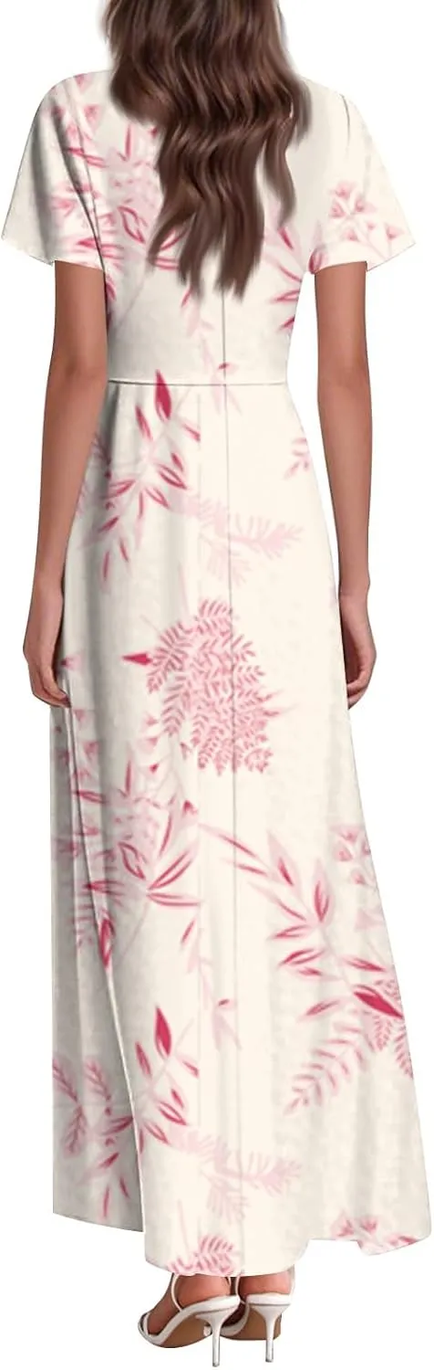 ZEFOTIM Long Dresses for Women Casual Elegant Floral Dress Short Sleeve V Neck Dresses