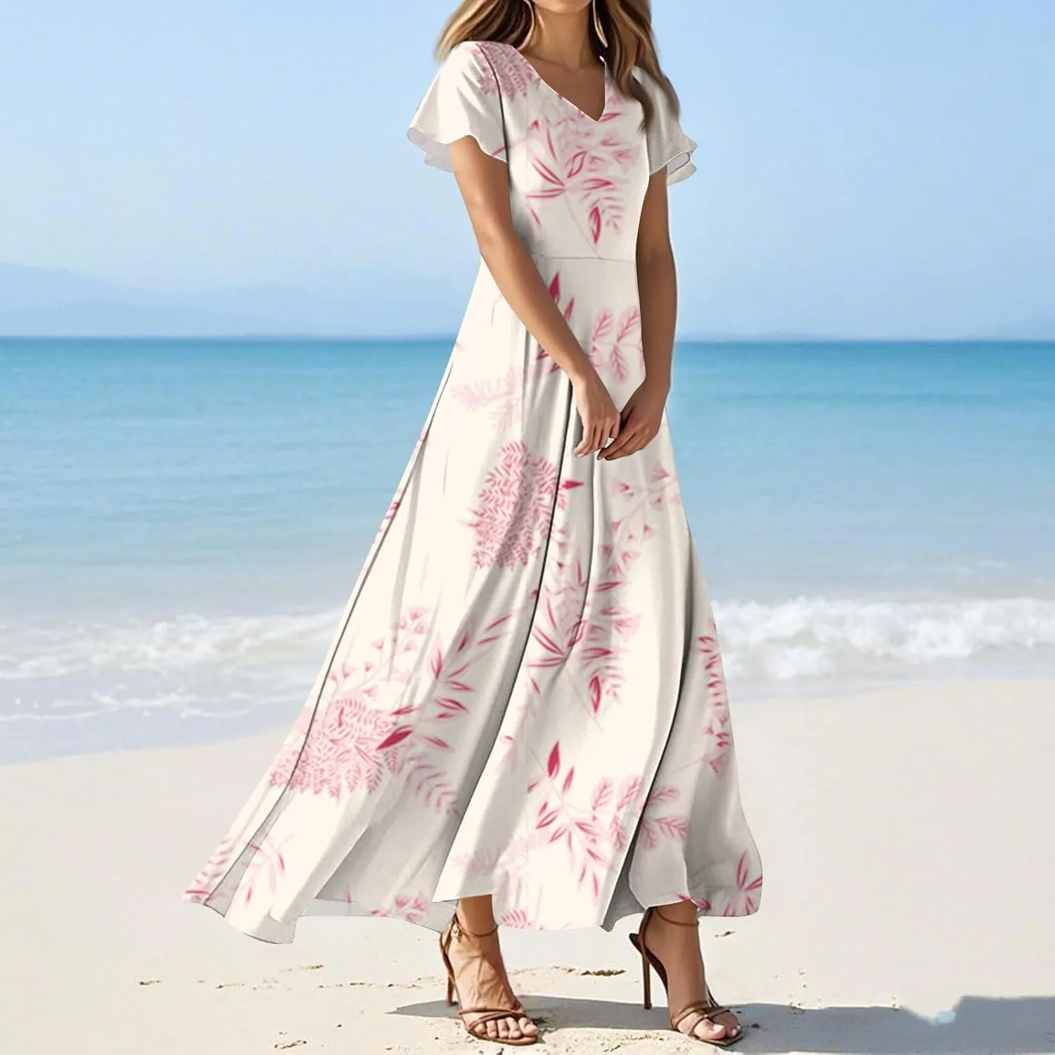 ZEFOTIM Long Dresses for Women Casual Elegant Floral Dress Short Sleeve V Neck Dresses