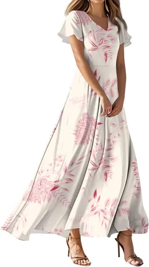 ZEFOTIM Long Dresses for Women Casual Elegant Floral Dress Short Sleeve V Neck Dresses