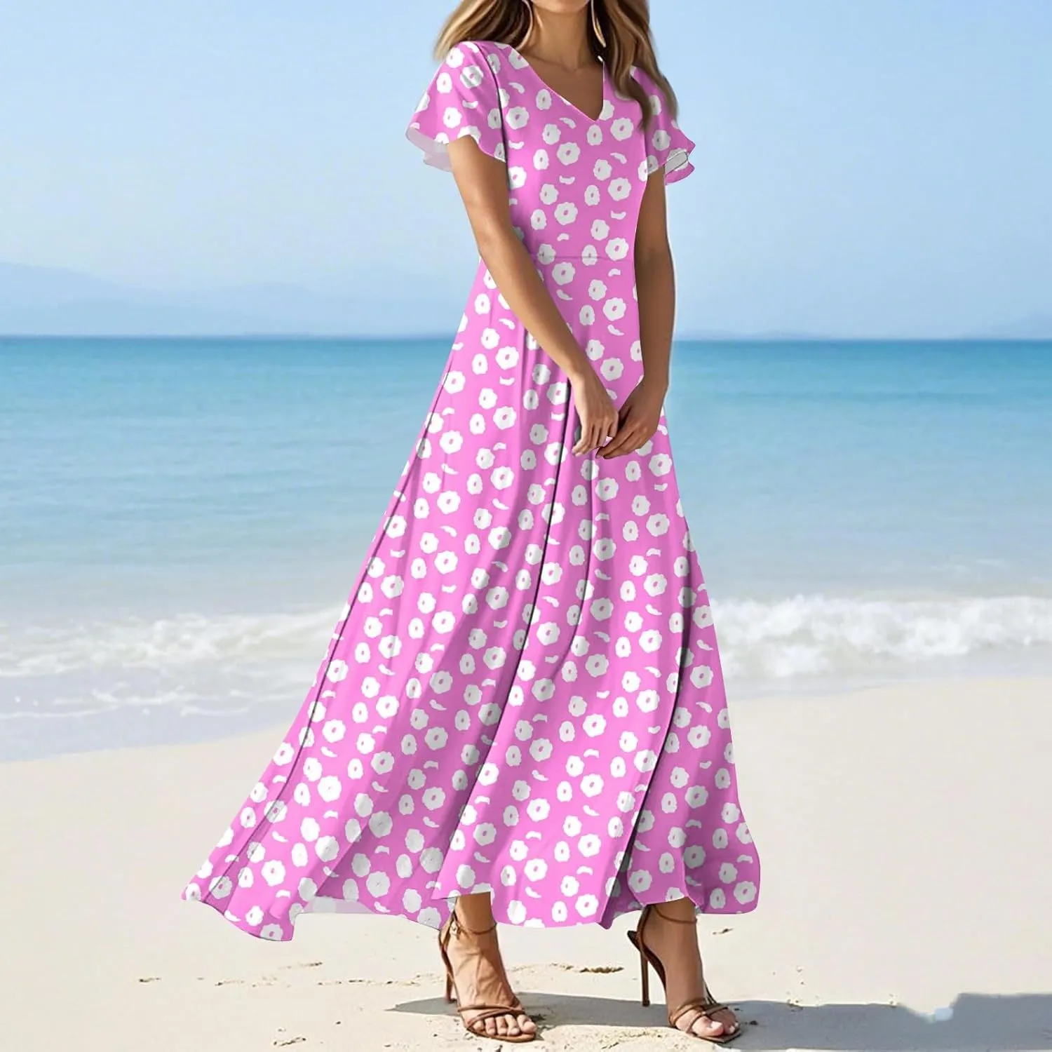 ZEFOTIM Long Dresses for Women Casual Flowy Floral Dress Short Sleeve V Neck Dresses