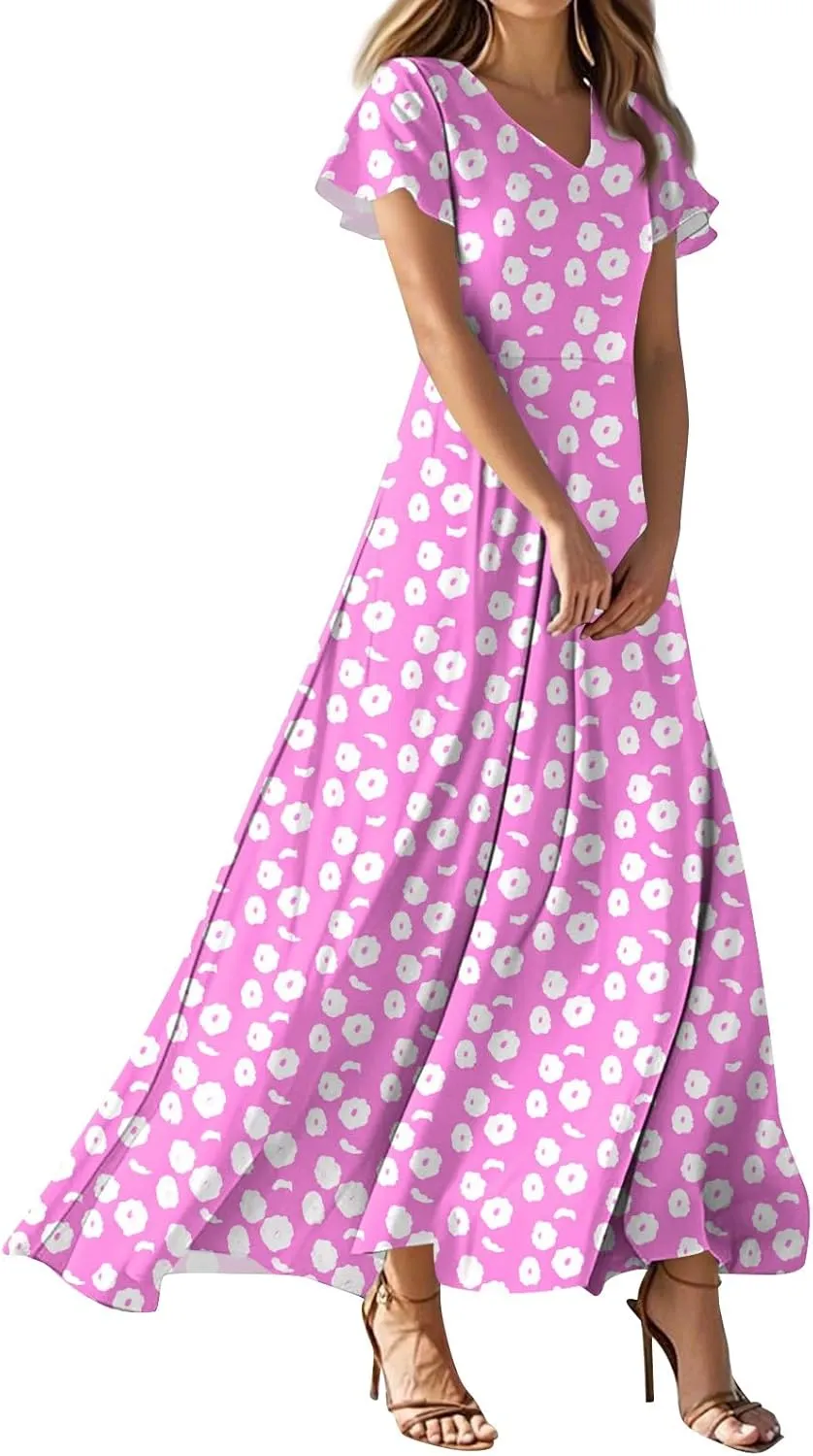 ZEFOTIM Long Dresses for Women Casual Flowy Floral Dress Short Sleeve V Neck Dresses