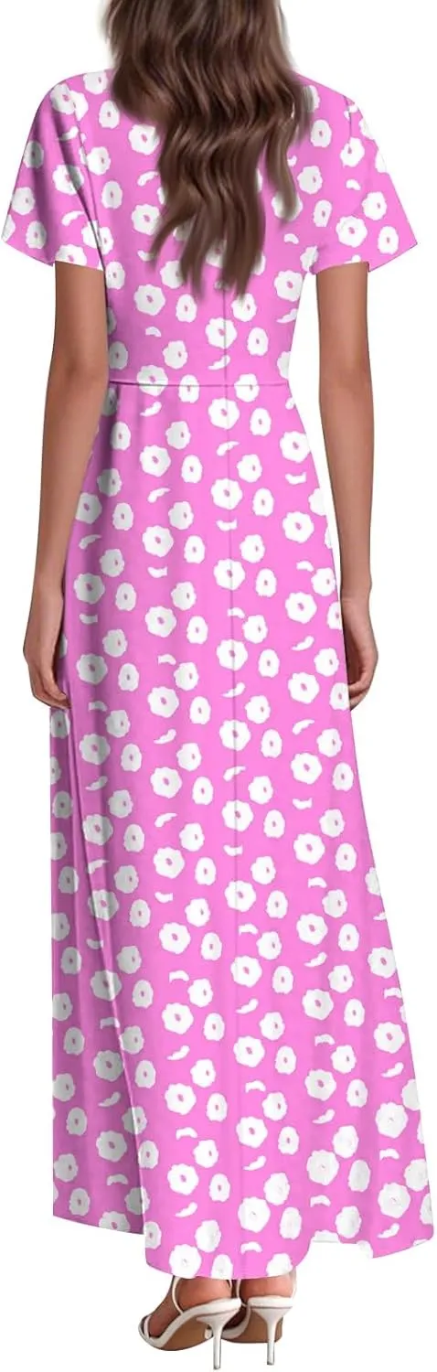 ZEFOTIM Long Dresses for Women Casual Flowy Floral Dress Short Sleeve V Neck Dresses