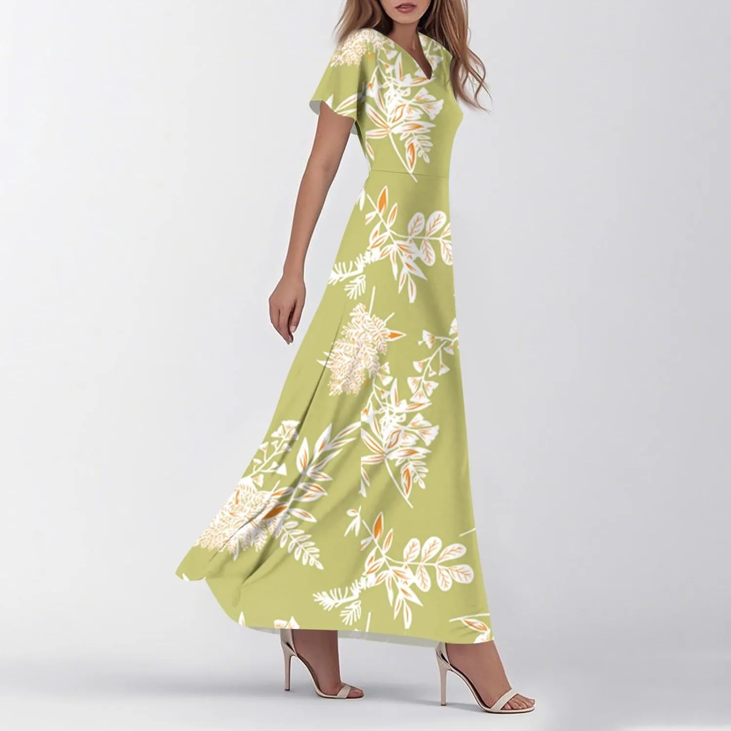 ZEFOTIM Long Flowy Dresses for Women Curvy Floral Dress Short Sleeve V Neck Dresses