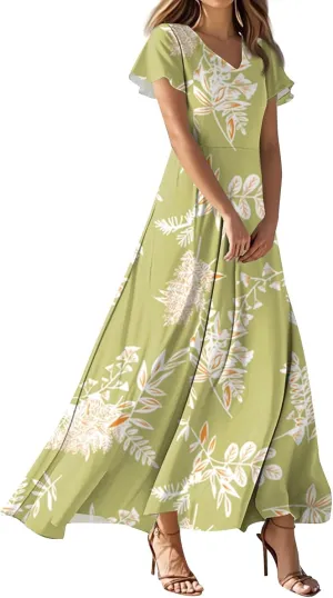 ZEFOTIM Long Flowy Dresses for Women Curvy Floral Dress Short Sleeve V Neck Dresses