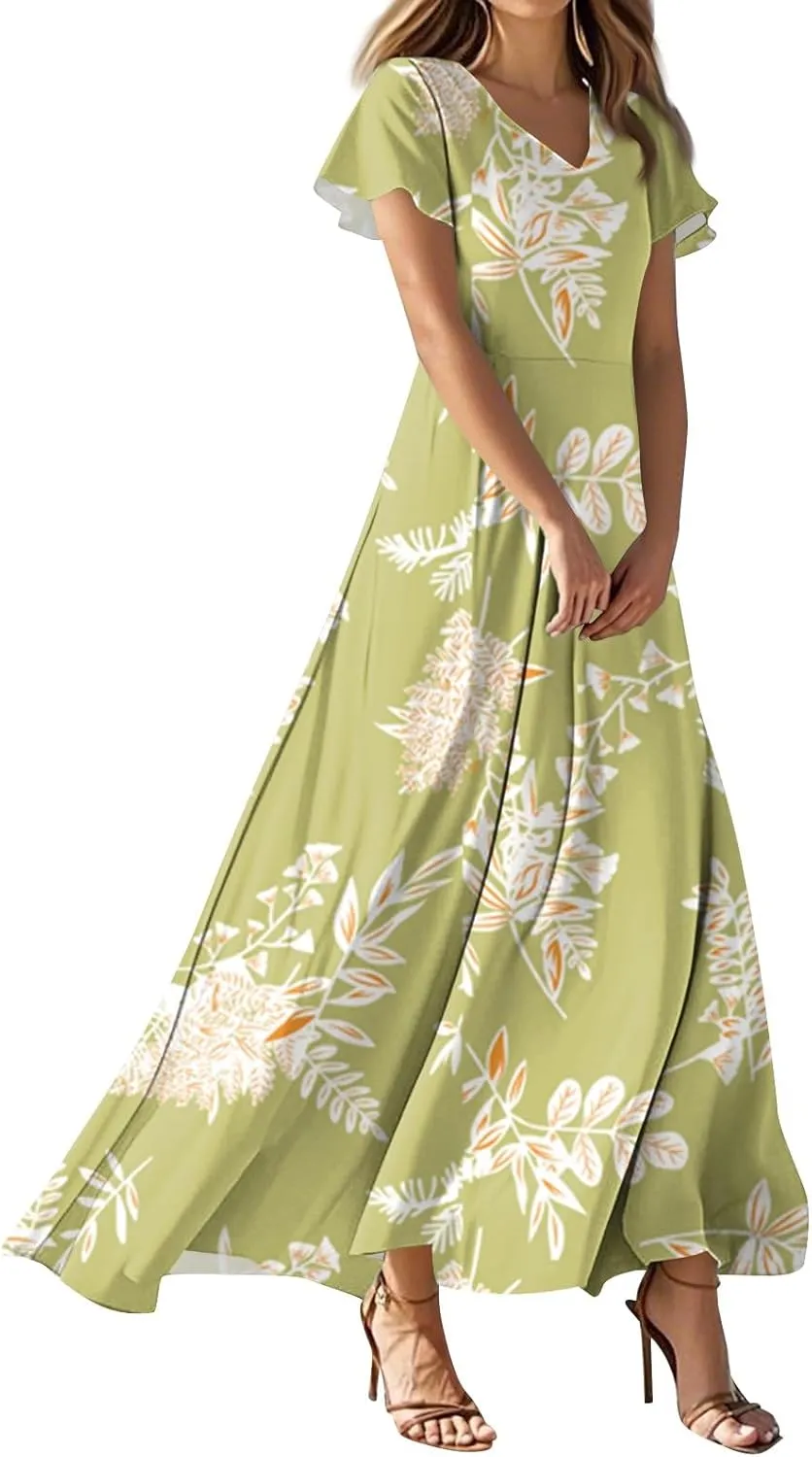 ZEFOTIM Long Flowy Dresses for Women Curvy Floral Dress Short Sleeve V Neck Dresses