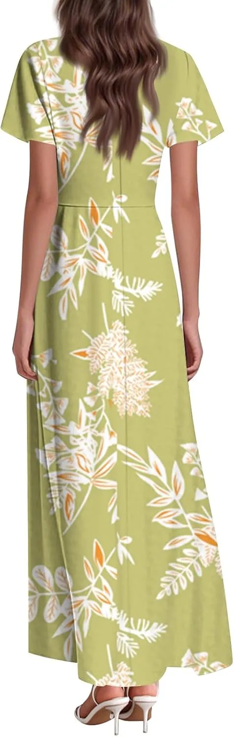 ZEFOTIM Long Flowy Dresses for Women Curvy Floral Dress Short Sleeve V Neck Dresses