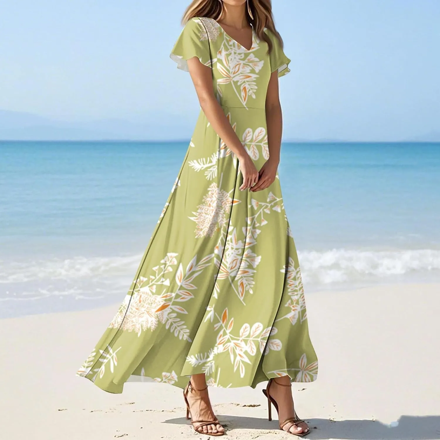 ZEFOTIM Long Flowy Dresses for Women Curvy Floral Dress Short Sleeve V Neck Dresses
