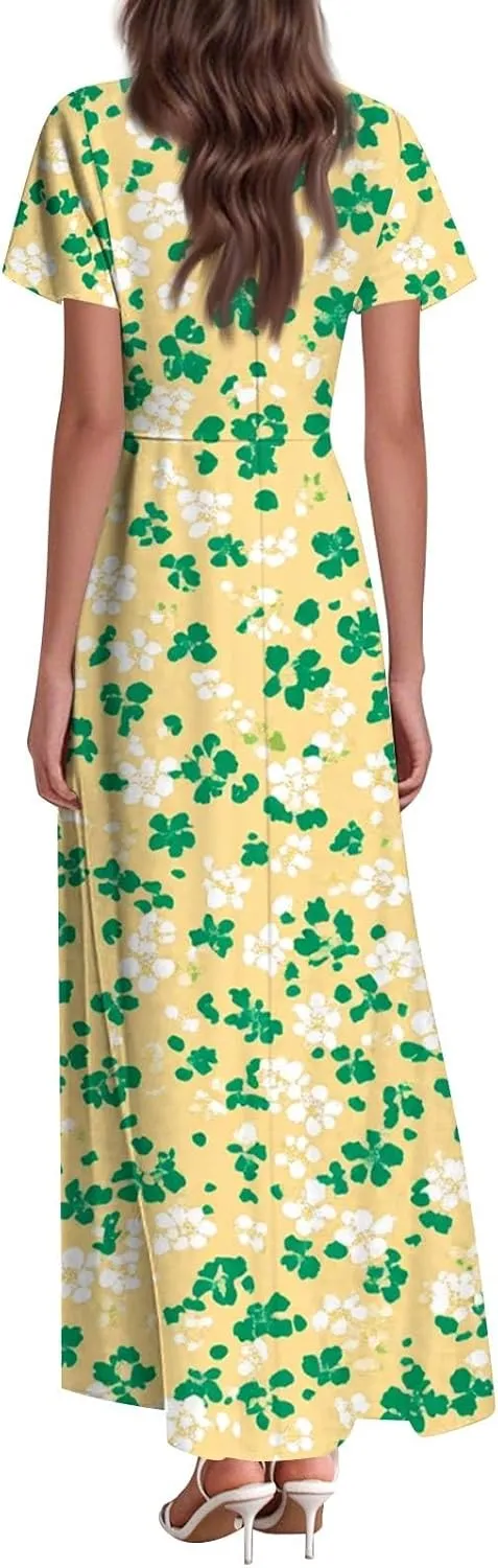 ZEFOTIM Long Maxi Dresses for Women Fashion Floral Dress Short Sleeve V Neck Dresses