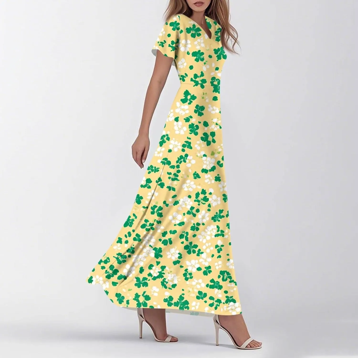 ZEFOTIM Long Maxi Dresses for Women Fashion Floral Dress Short Sleeve V Neck Dresses