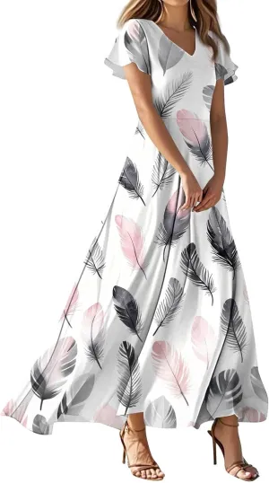 ZEFOTIM Long Maxi Dresses for Women Fashion Floral Dress Short Sleeve V Neck Dresses