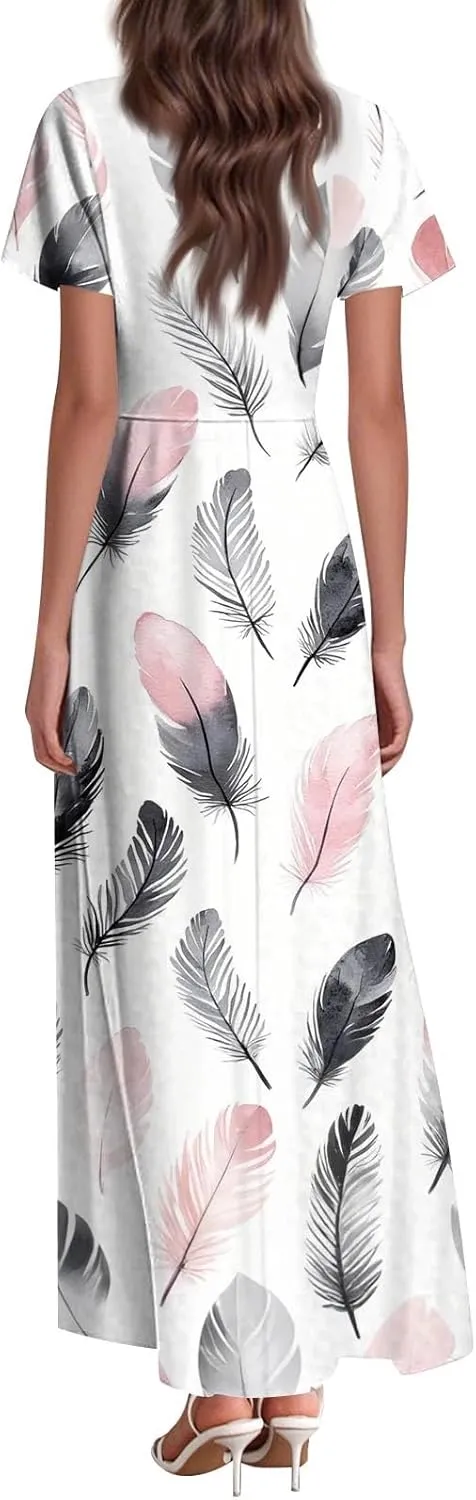 ZEFOTIM Long Maxi Dresses for Women Fashion Floral Dress Short Sleeve V Neck Dresses