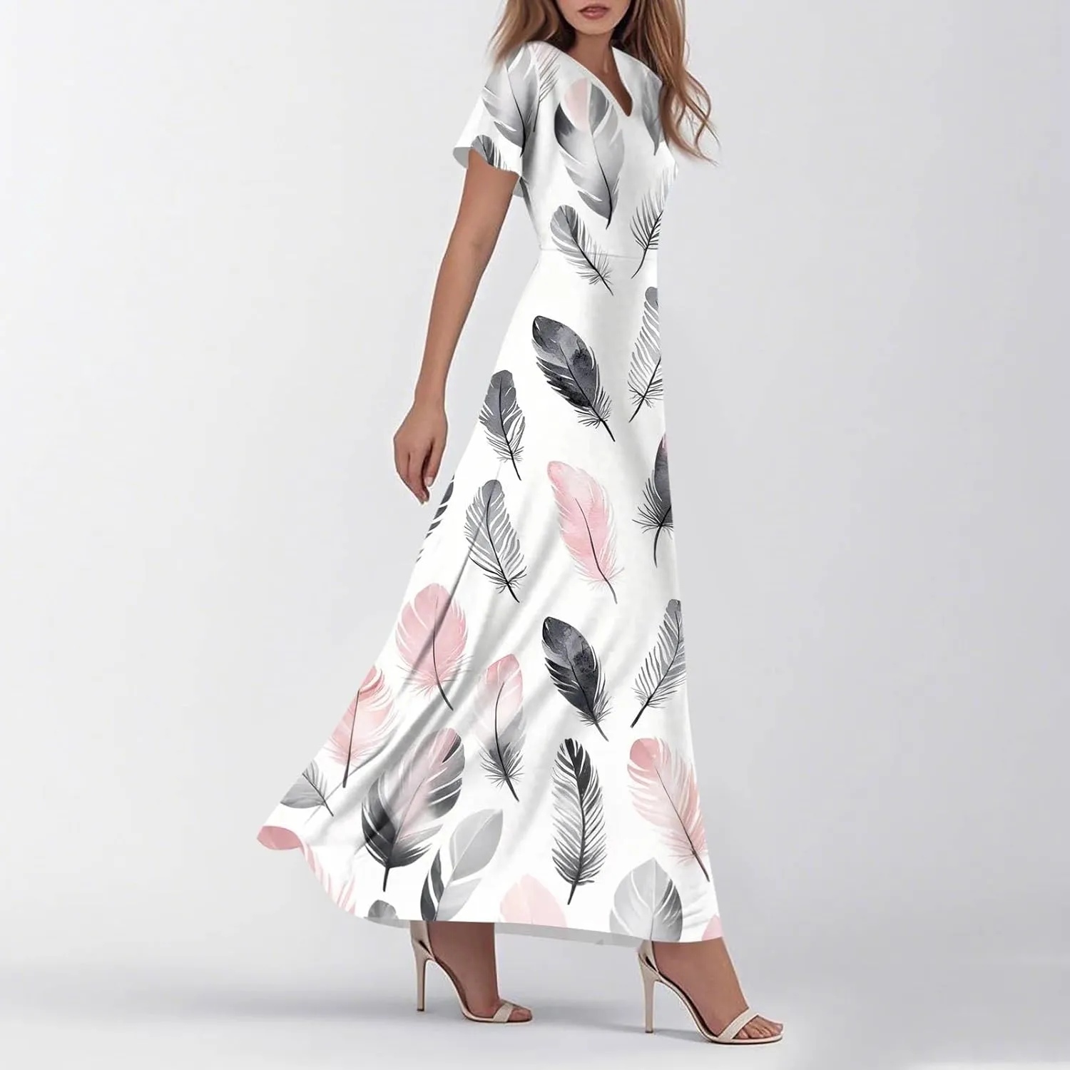 ZEFOTIM Long Maxi Dresses for Women Fashion Floral Dress Short Sleeve V Neck Dresses
