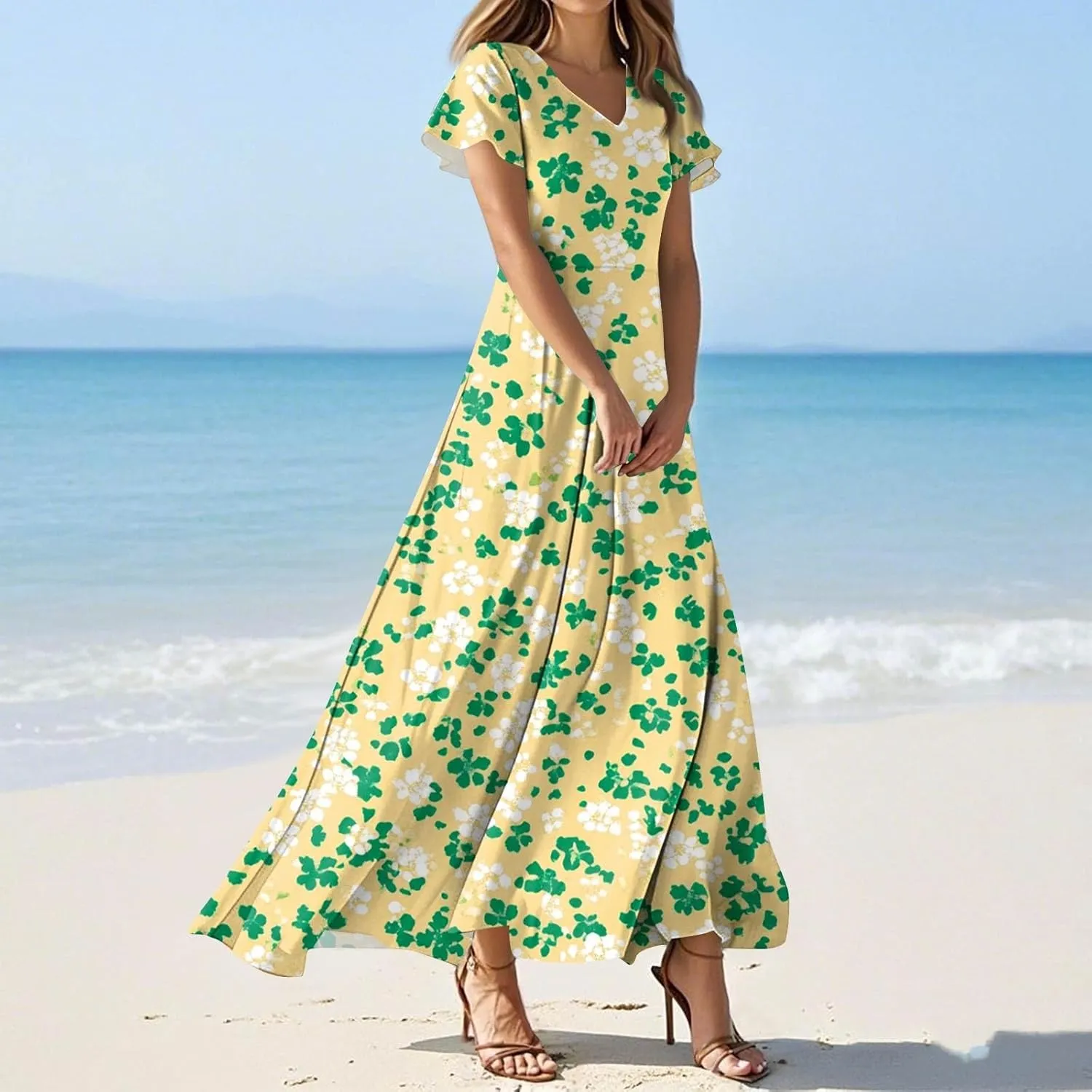 ZEFOTIM Long Maxi Dresses for Women Fashion Floral Dress Short Sleeve V Neck Dresses