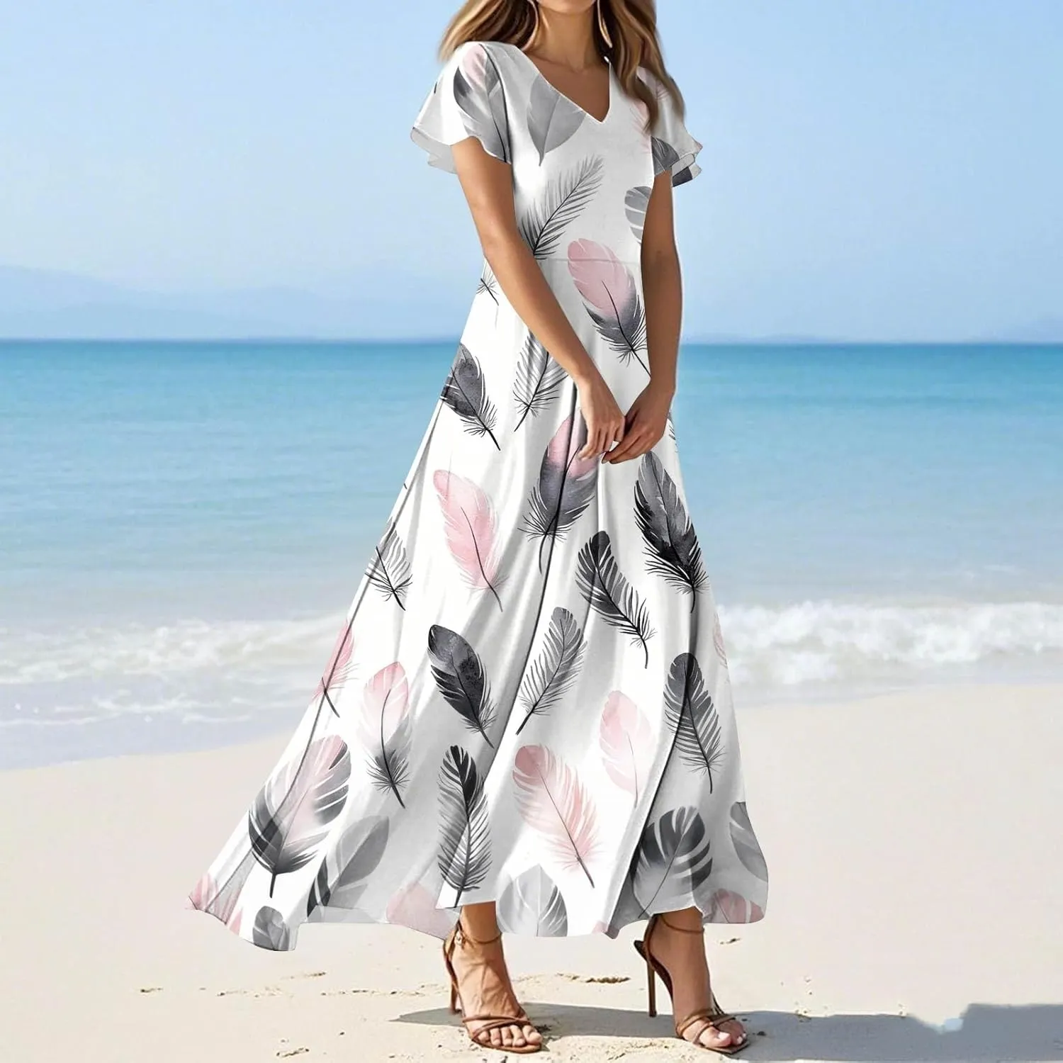ZEFOTIM Long Maxi Dresses for Women Fashion Floral Dress Short Sleeve V Neck Dresses