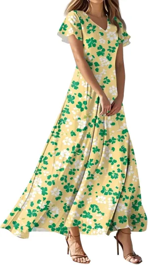 ZEFOTIM Long Maxi Dresses for Women Fashion Floral Dress Short Sleeve V Neck Dresses