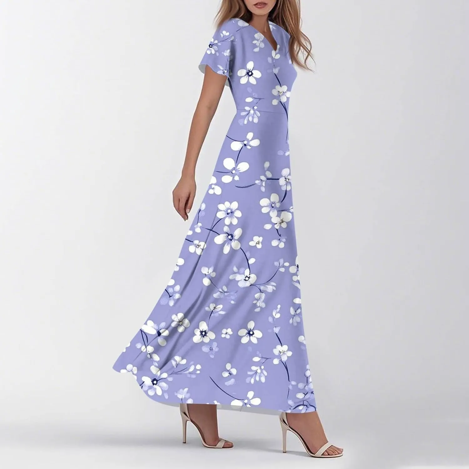 ZEFOTIM Maxi Dresses for Women 2025 Casual Floral Dress Short Sleeve V Neck Dresses