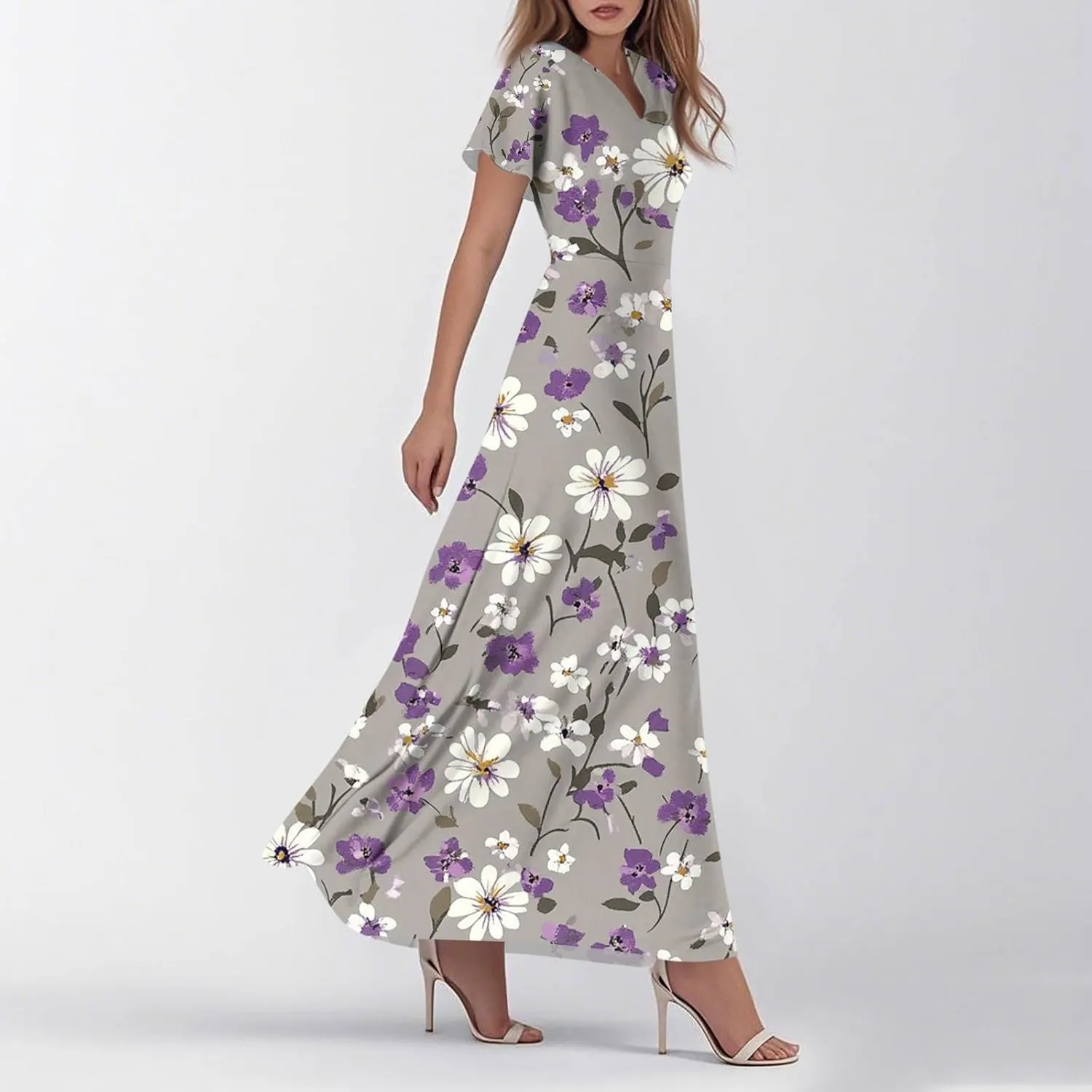 ZEFOTIM Maxi Dresses for Women 2025 Casual Floral Dress Short Sleeve V Neck Dresses