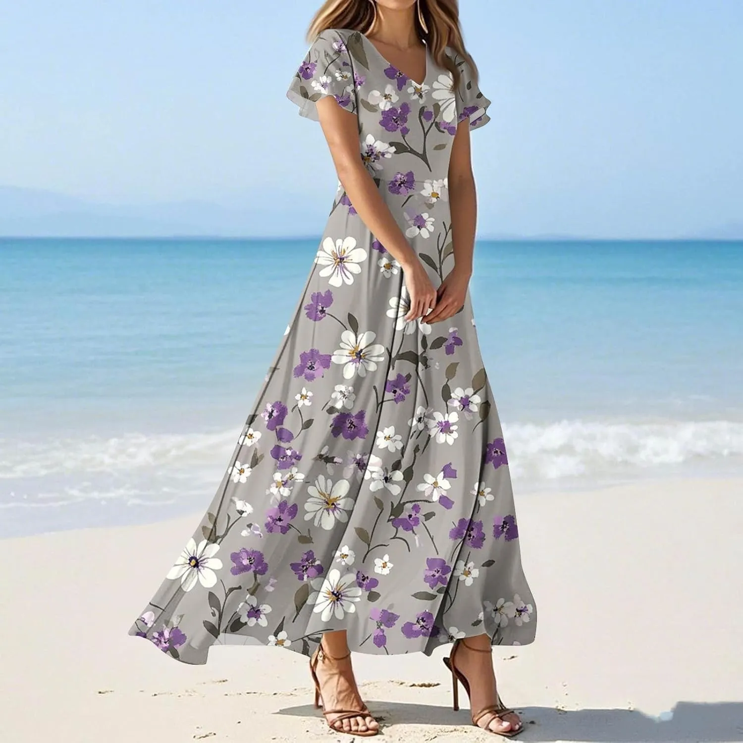 ZEFOTIM Maxi Dresses for Women 2025 Casual Floral Dress Short Sleeve V Neck Dresses