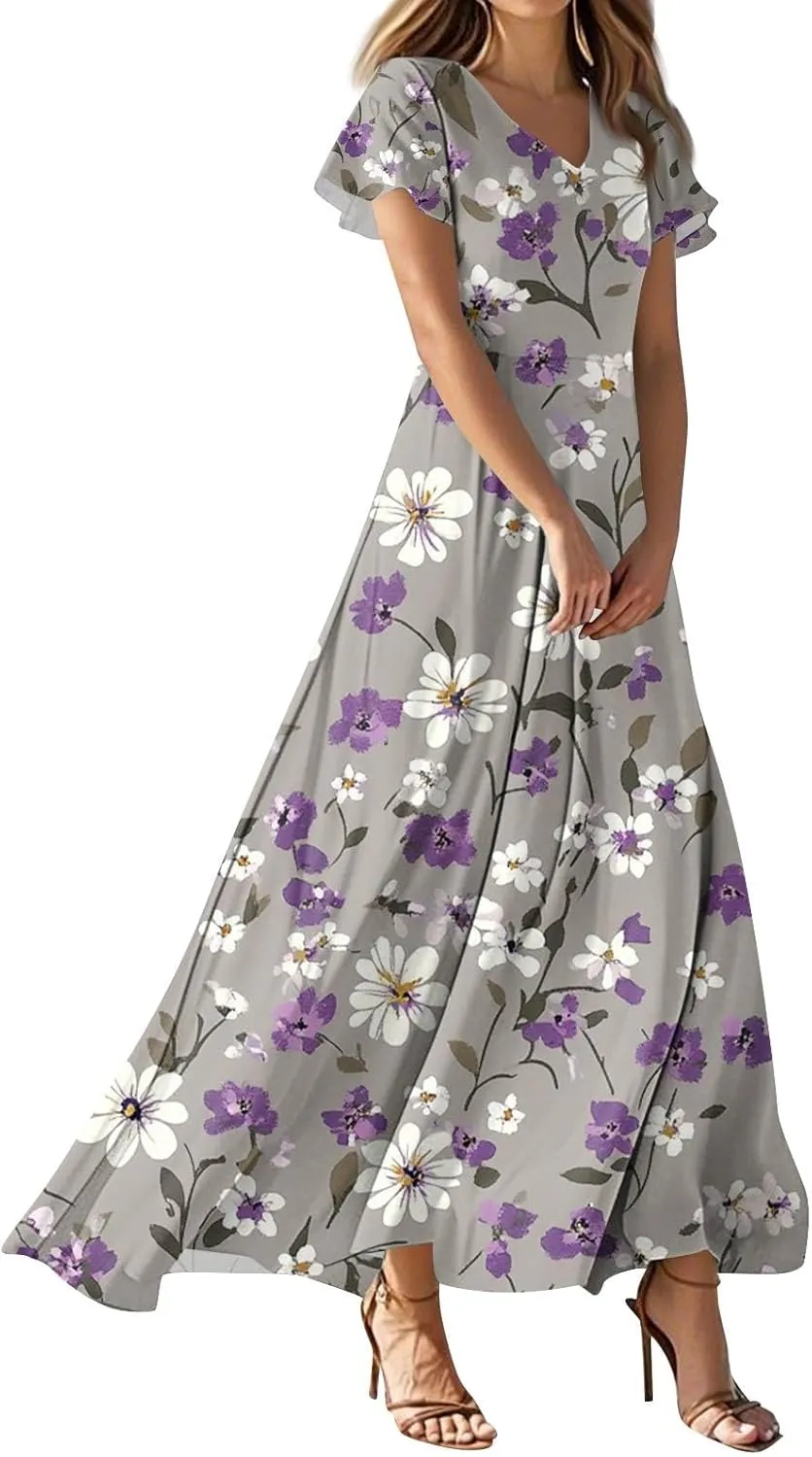 ZEFOTIM Maxi Dresses for Women 2025 Casual Floral Dress Short Sleeve V Neck Dresses