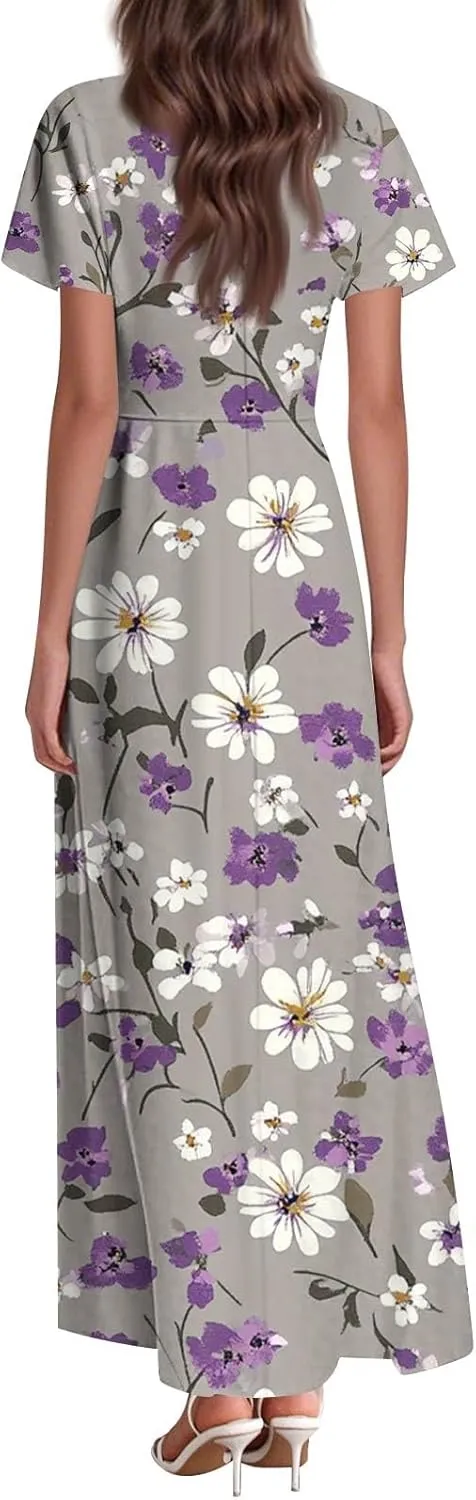 ZEFOTIM Maxi Dresses for Women 2025 Casual Floral Dress Short Sleeve V Neck Dresses