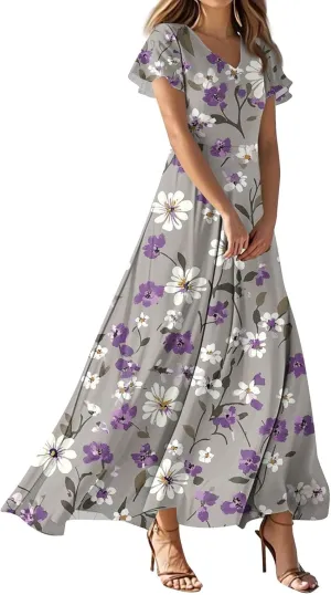 ZEFOTIM Maxi Dresses for Women 2025 Casual Floral Dress Short Sleeve V Neck Dresses