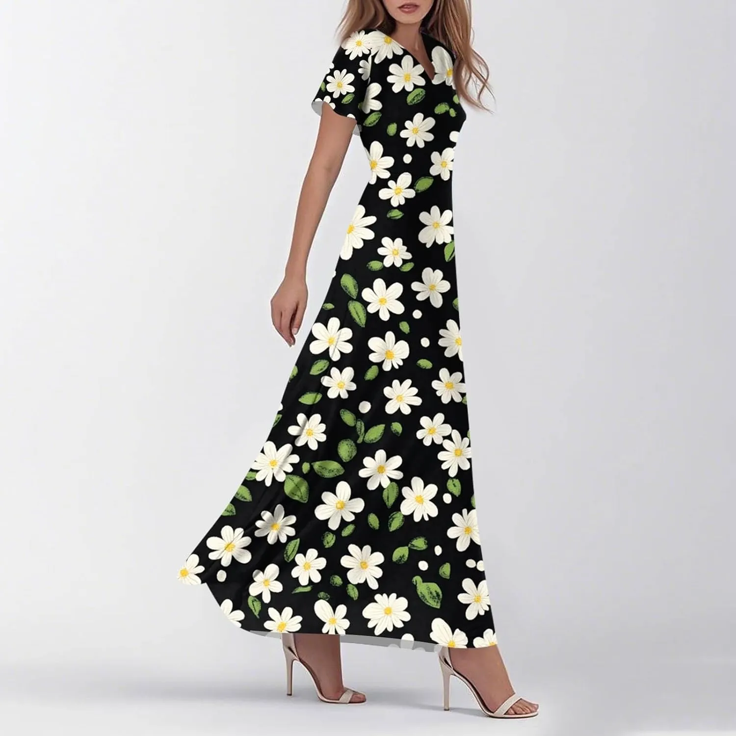 ZEFOTIM Maxi Dresses for Women 2025 Cocktail Floral Dress Short Sleeve V Neck Dresses