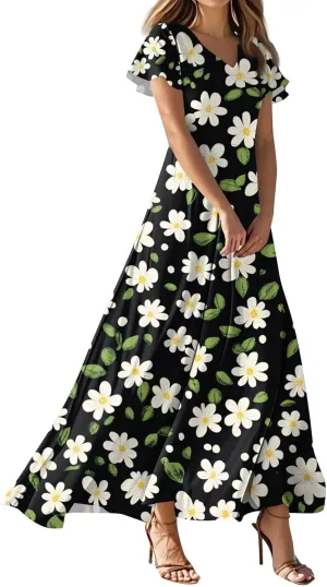 ZEFOTIM Maxi Dresses for Women 2025 Cocktail Floral Dress Short Sleeve V Neck Dresses