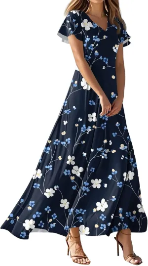 ZEFOTIM Maxi Dresses for Women 2025 Cocktail Floral Dress Short Sleeve V Neck Dresses